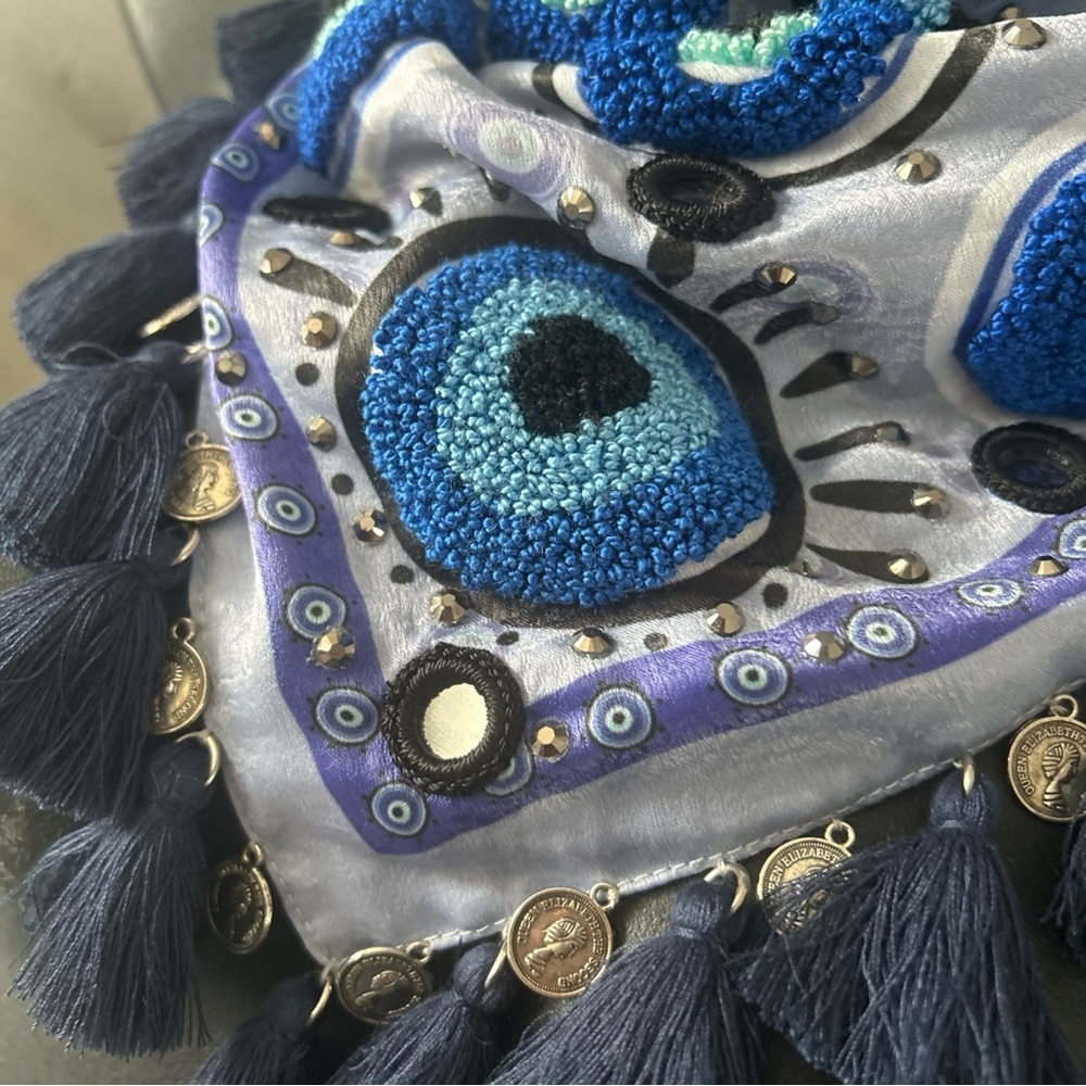 Embroidered Boho Western bandana -Colombian scarf lavender evil eyes blue - Picture 5 of 6
